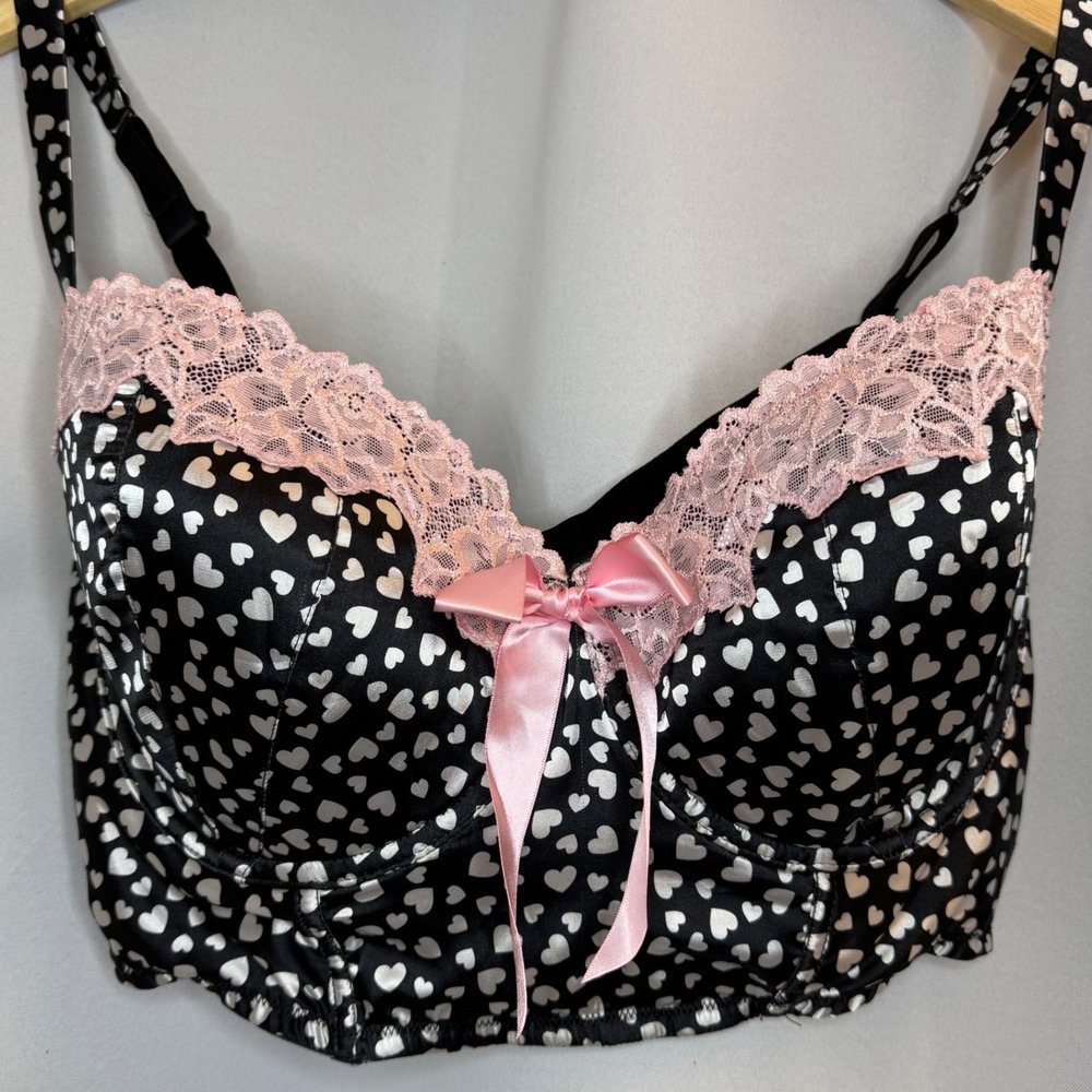 Bustier Heart Print Lace Trim Bow Accent Lingerie Top‎ SIZE XXL